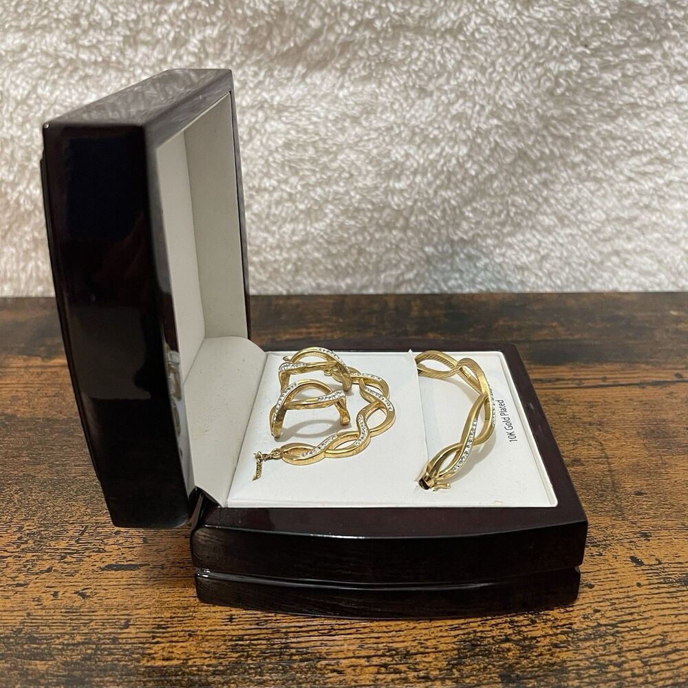 10K GP Gold Plated Jewelery Set Necklace Earrings Bangle Crystal Set Box Y2K NEW - Picture 9 of 16